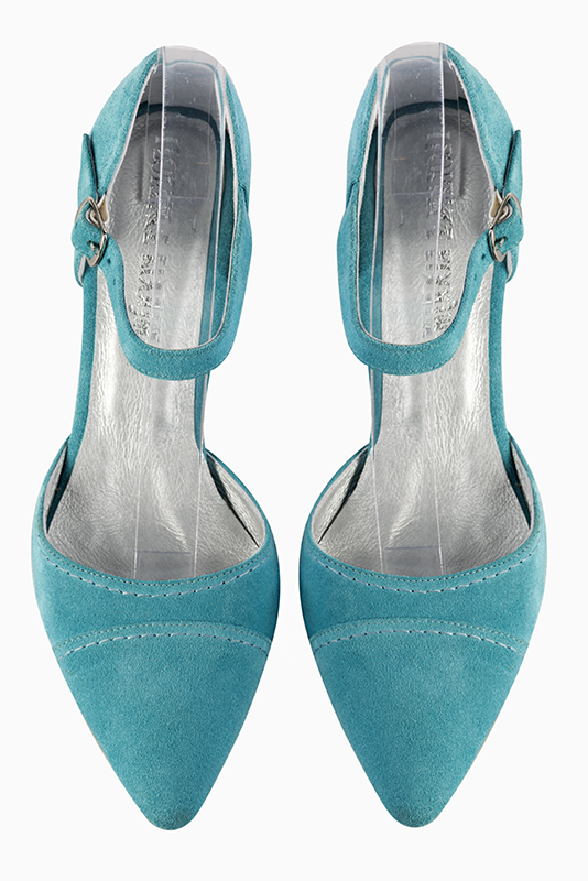 Aquamarine blue women's open side shoes, with an instep strap. Tapered toe. Medium block heels. Top view - Florence KOOIJMAN